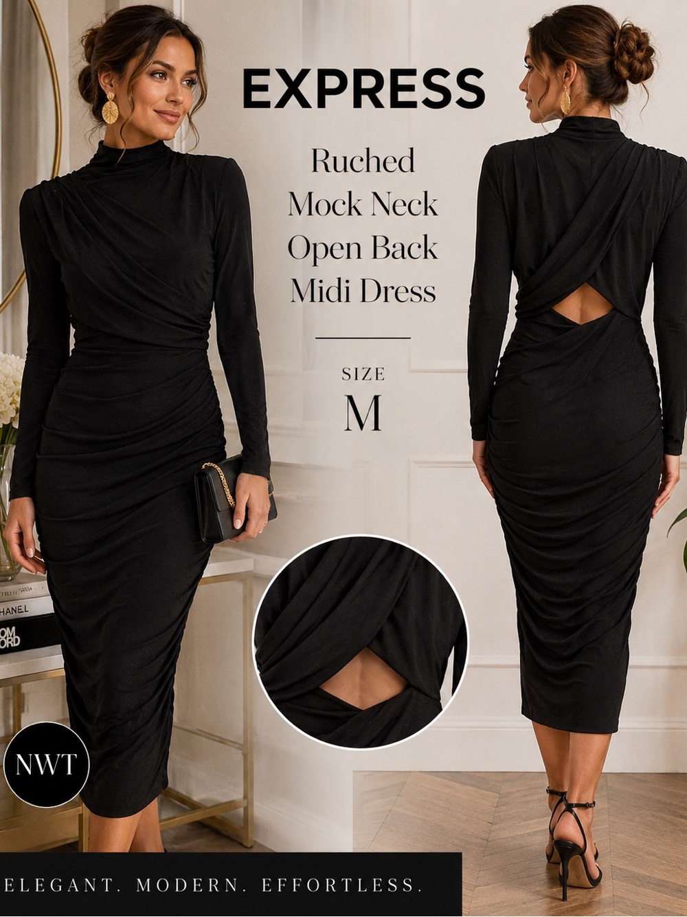 NWT Express Black Ruched Mock Neck Open Back Bodycon Midi Dress Women’s M